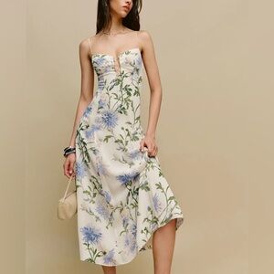 Reformation Cream and Blue Floral Midi Dress